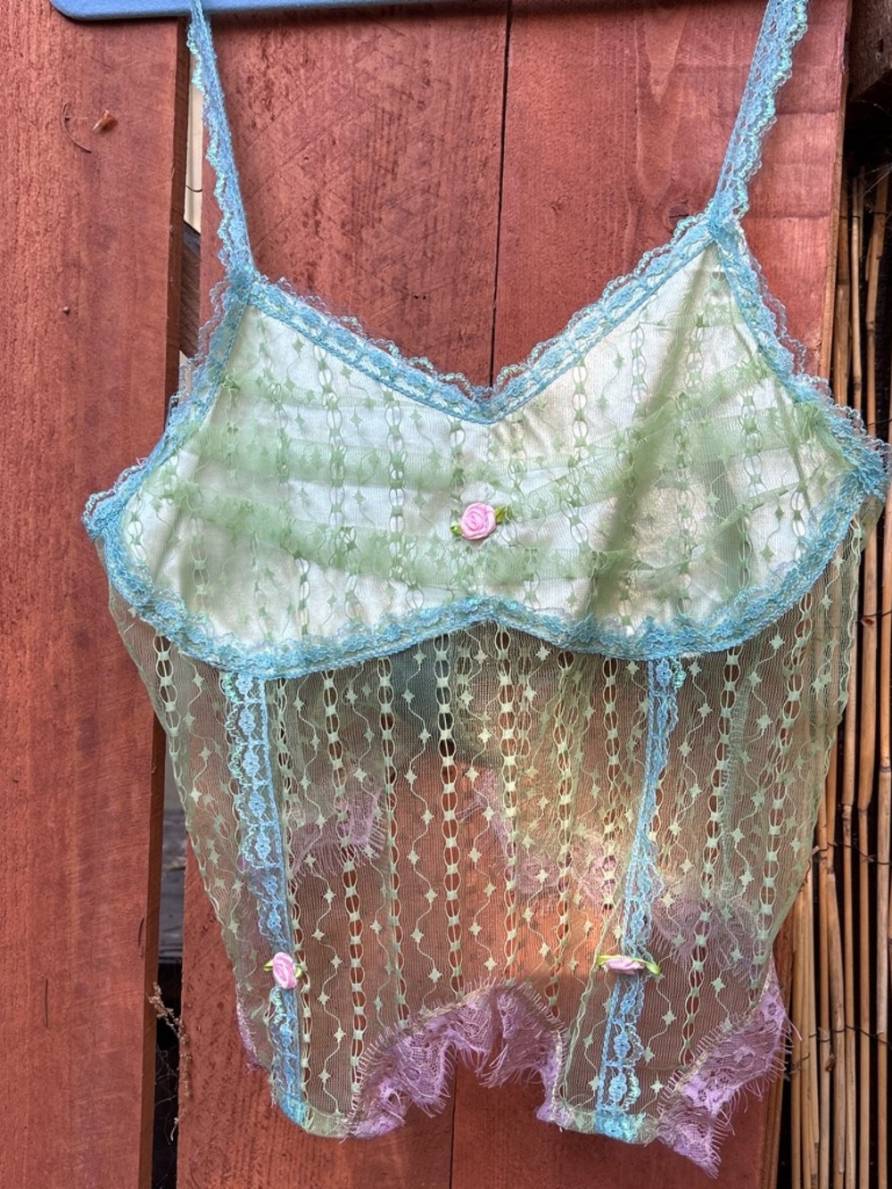 Sheer Vintage Fairy Lace Chemise Tank Slip with Pink Roses